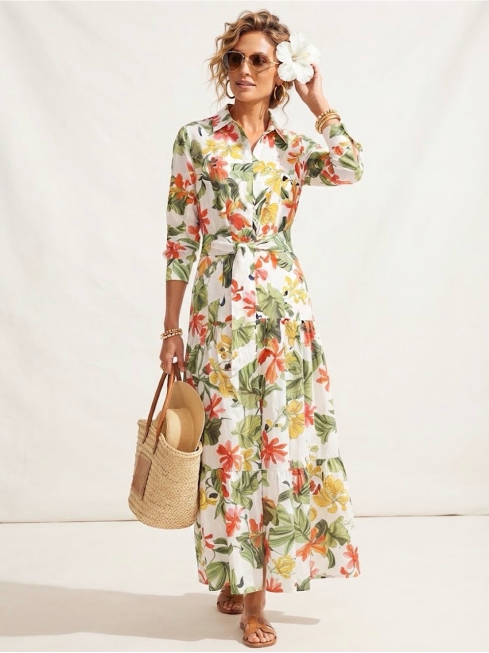 Chico's Tropical Floral Print Cotton-Silk Button-Down Maxi Shirt Dress
